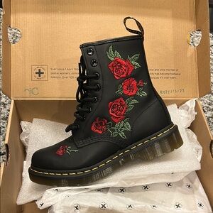 Dr. Martens Black and Red Combat Boots with Floral Embroidery